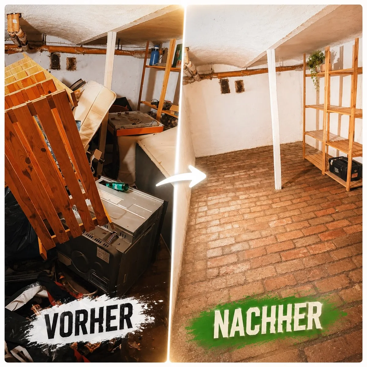 Vorher-Nachher-Vergleich eines geräumten Kellerbereichs